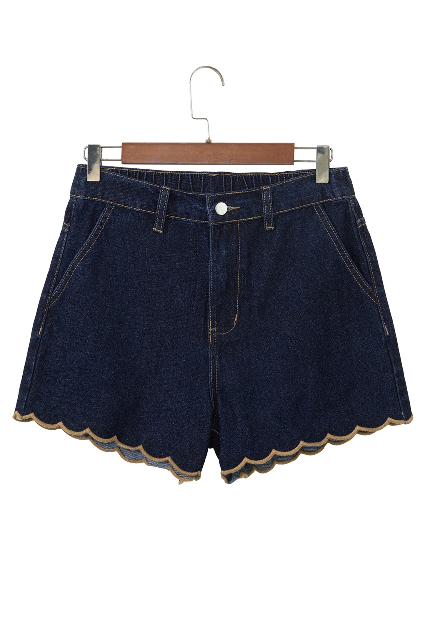 Navy Blue Embroidered Scalloped Trim Relaxed Denim Shorts