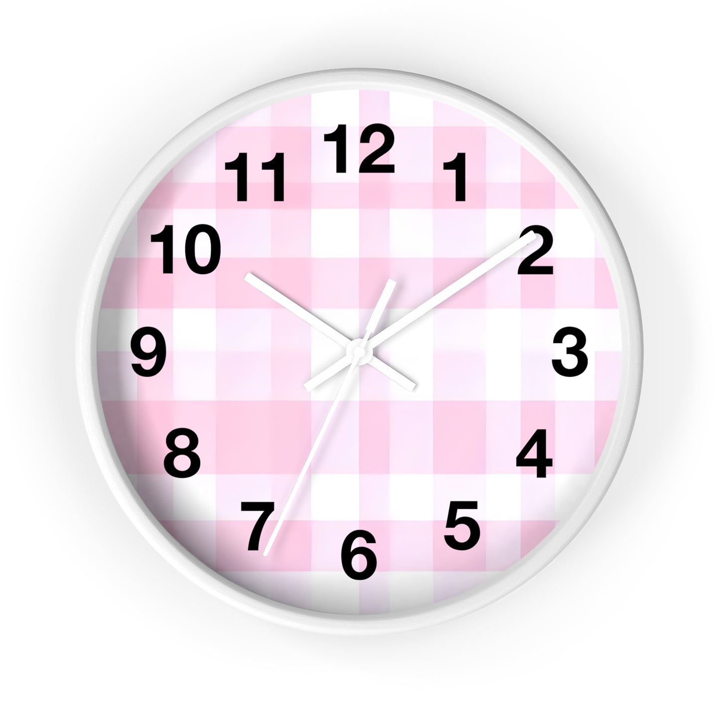 Pink Gingham Wall Clock — Cute Check Pattern Clock for Nursery & Kitchen