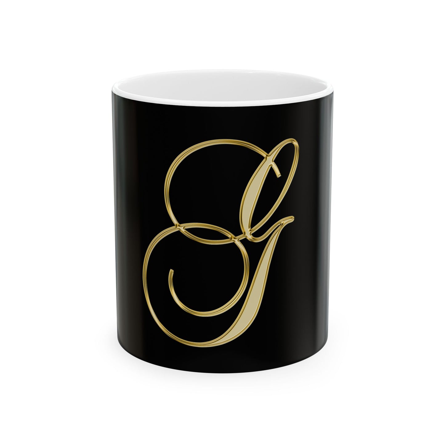 Monogram 'G' Gold Script Ceramic Mug — Elegant Personalized Initial Coffee Cup (11oz, 15oz)