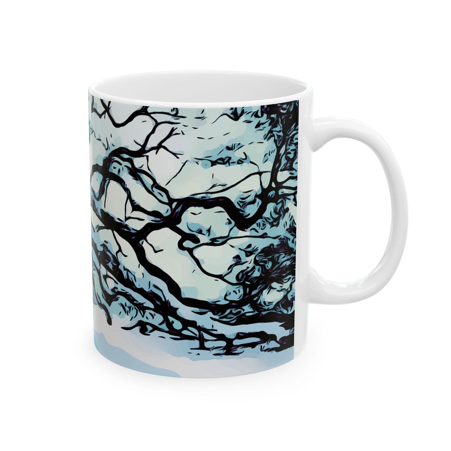 Winter Oak Tree Ceramic Mug — Scenic Snowy Tree Coffee Cup (11oz, 15oz)