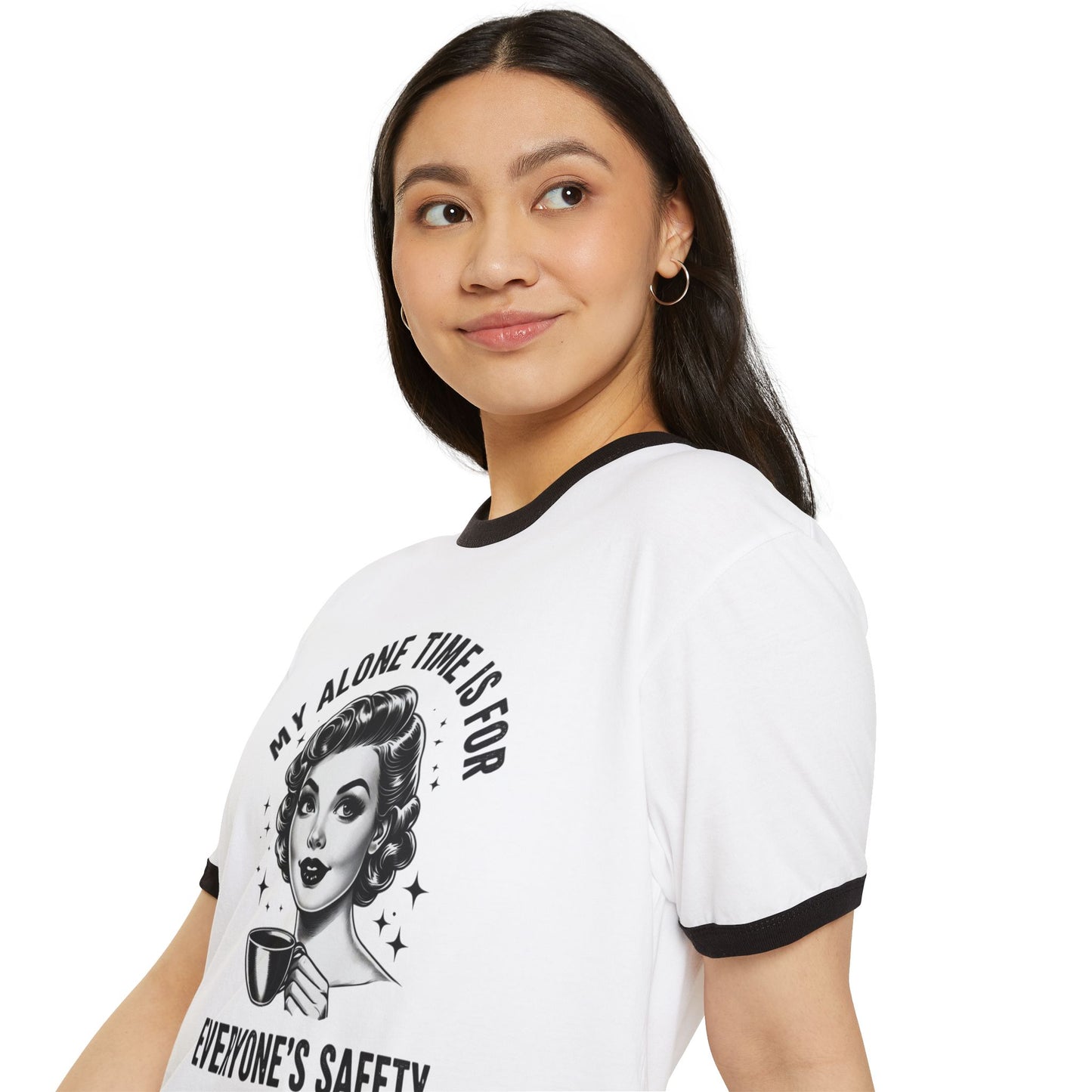 Vintage Retro Ringer T‑Shirt — “My Alone Time Is For Everyone’s Safety” Coffee Graphic