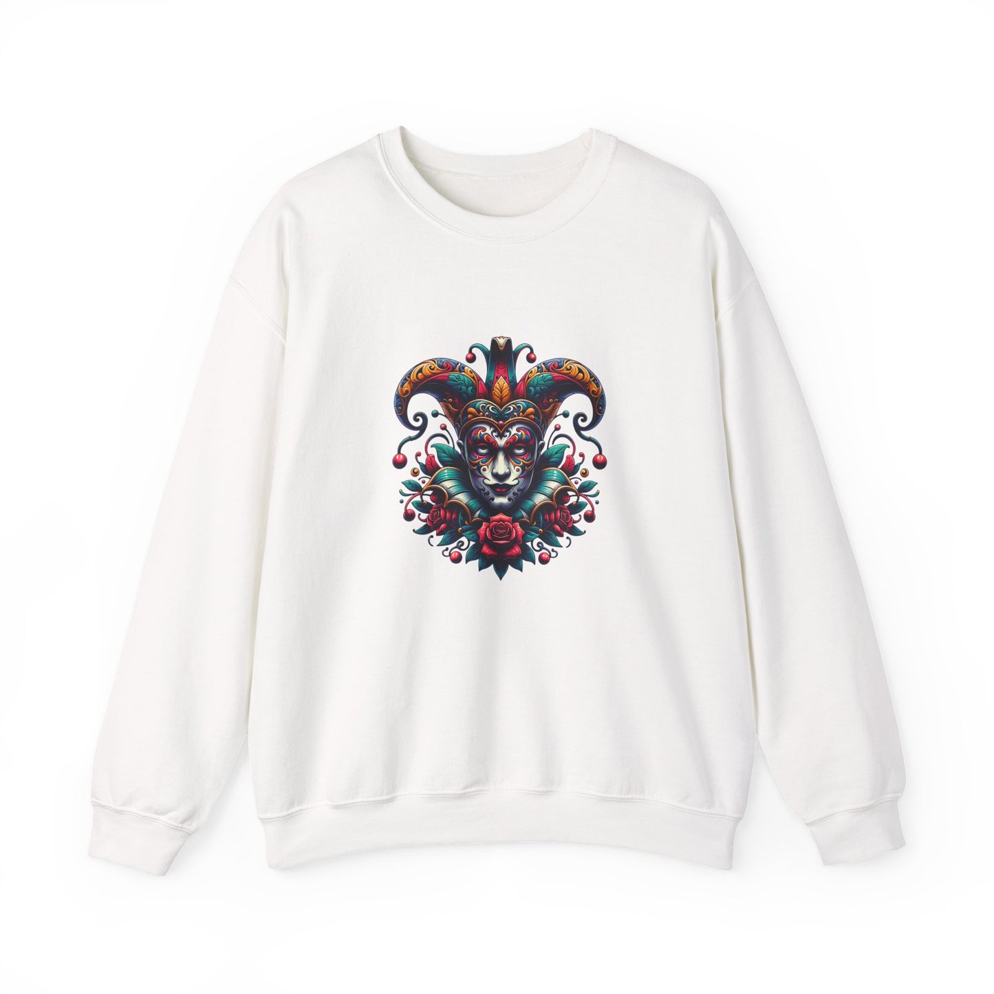 Colorful Jester Sweatshirt, Unisex Heavy Blend Crewneck, Unique Art Apparel, Trendy Fashion, Cozy Gift for Adults