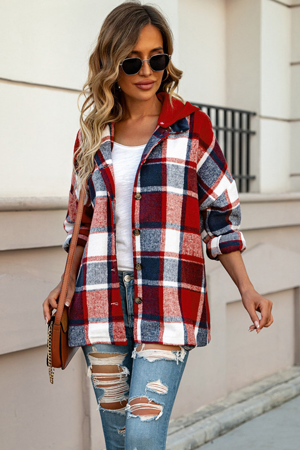 Fiery Red Hooded Plaid Button Front Jacket