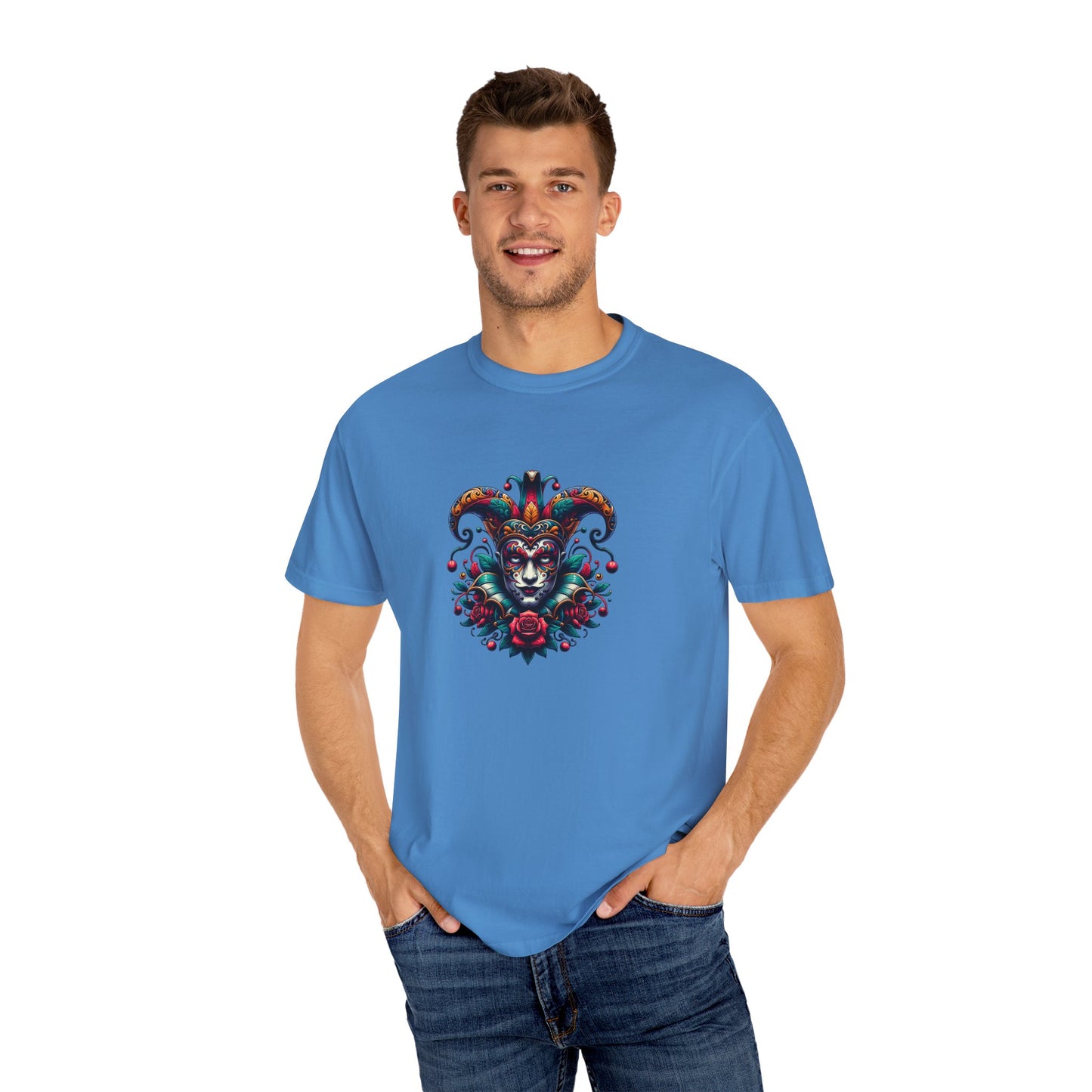 Vibrant Graphic Unisex T-Shirt with Floral Mask Design, Casual Wear, Festival Outfit, Gift for Friends, Unique Fashion Statement