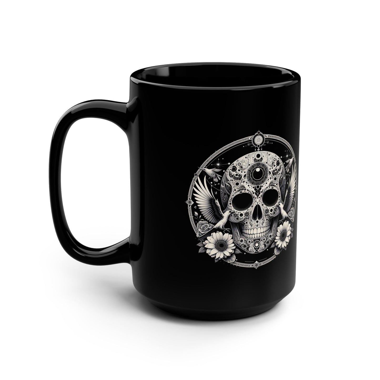 15oz Black Mug — Gothic Skull with Doves & Daisies Coffee Cup