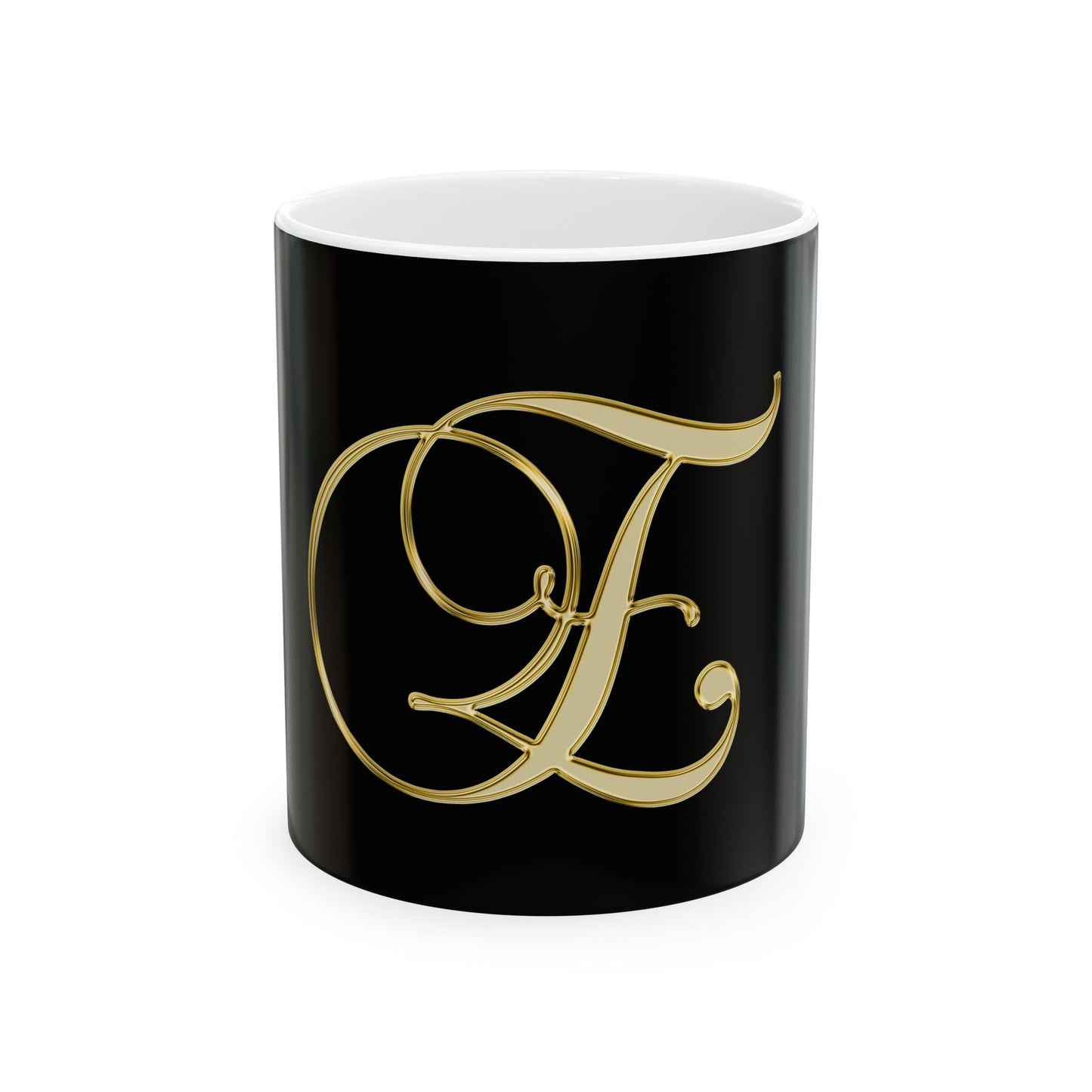 Monogram 'E' Gold Script Ceramic Mug — Elegant Initial Coffee Cup (11oz, 15oz)