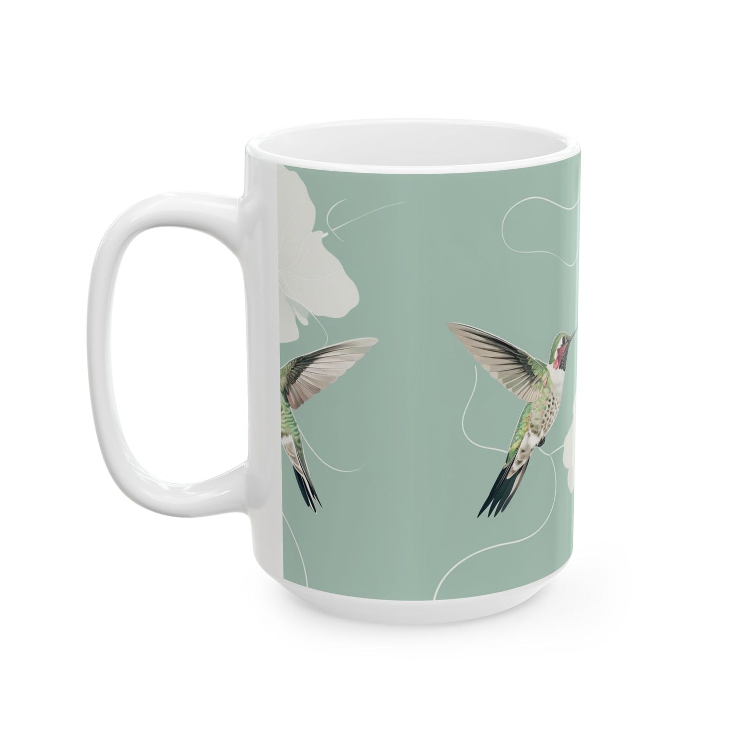 Hummingbird Floral Ceramic Mug – Botanical Mint Coffee Cup (11oz & 15oz)