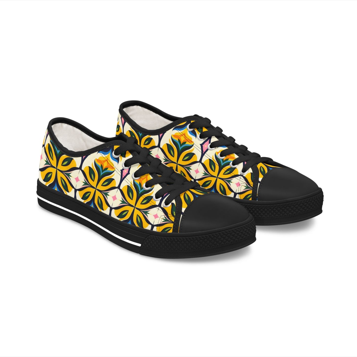 Floral Geometric Low Top Sneakers — Yellow Retro Tile Pattern