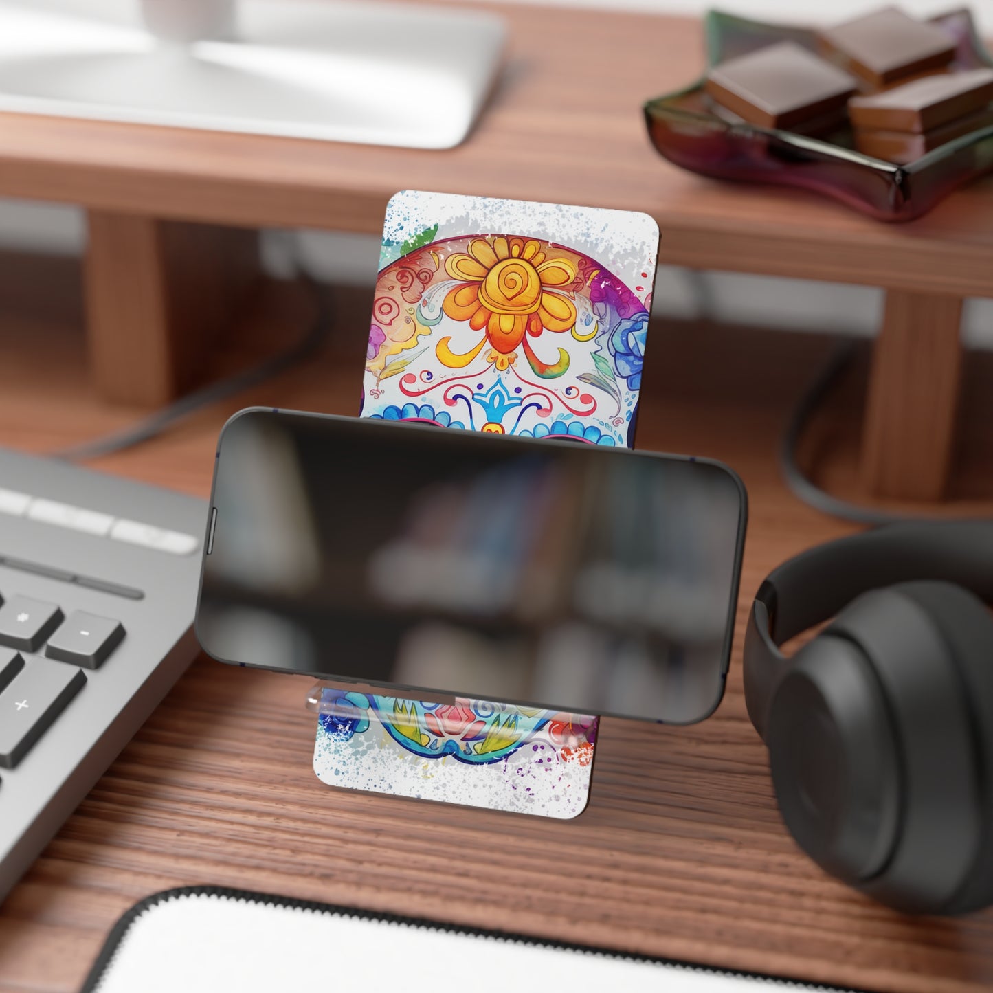 Sugar Skull Smartphone Stand — Colorful Day of the Dead Mobile Display Stand