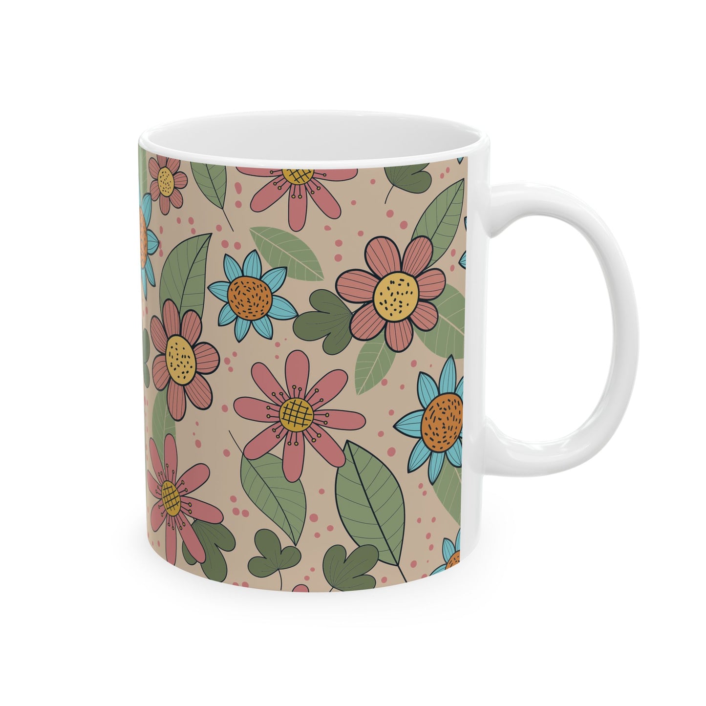 Floral Doodle Ceramic Mug – Retro Flower Pattern Coffee Cup (11oz & 15oz)