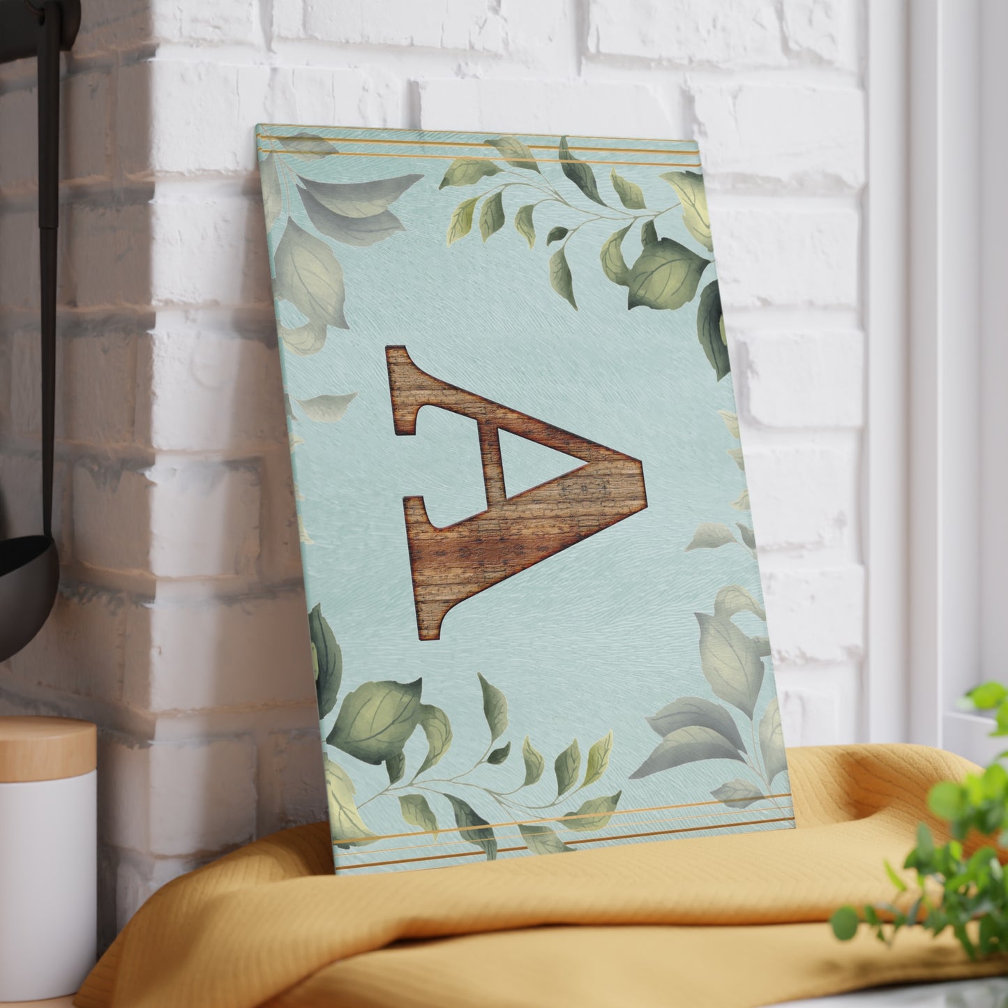Monogram Glass Cutting Board – Rustic Wood Letter A with Botanical Leaves (Personalized Kitchen Gift)