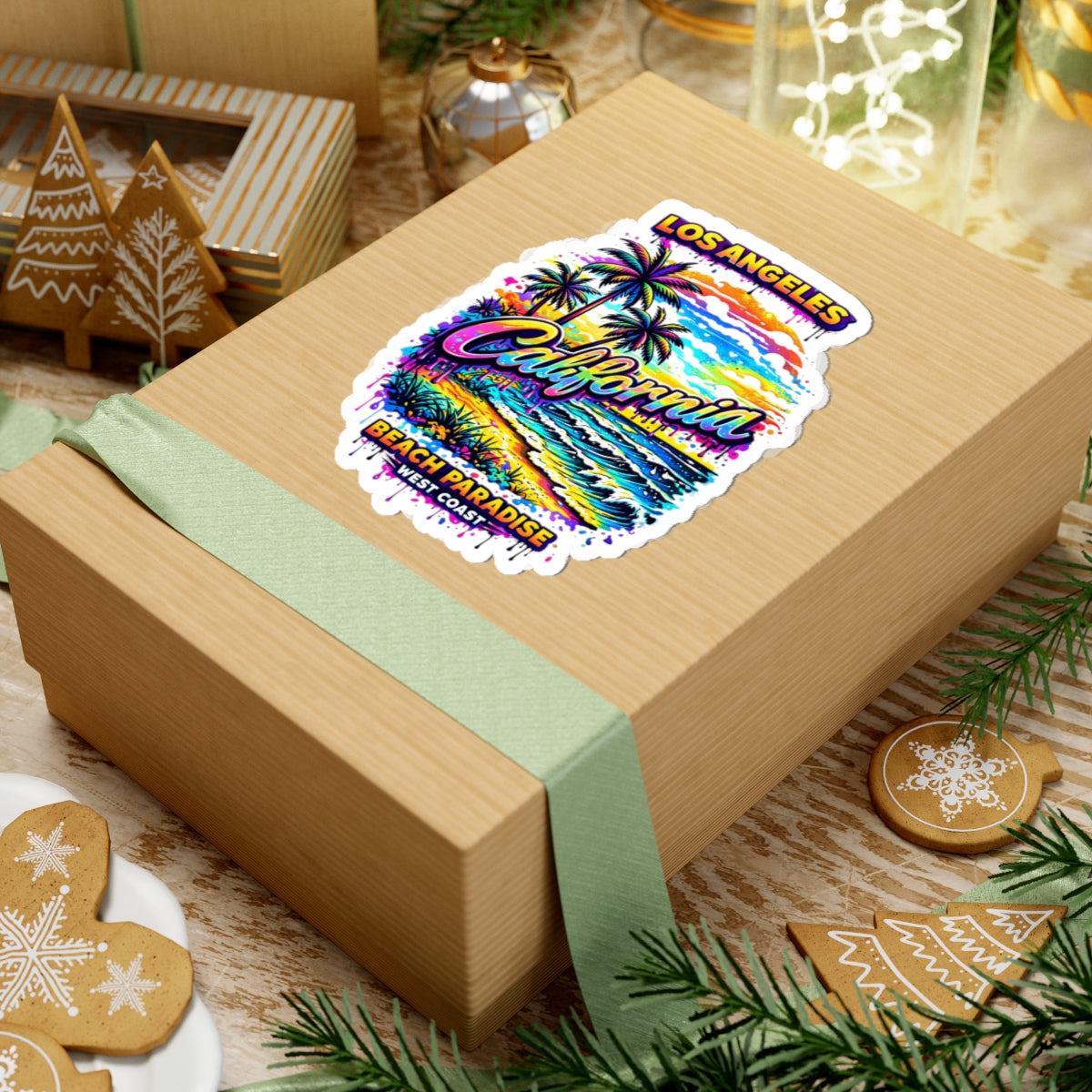 California Beach Paradise Kiss-Cut Sticker — Los Angeles Palm Tree Surf Vibes