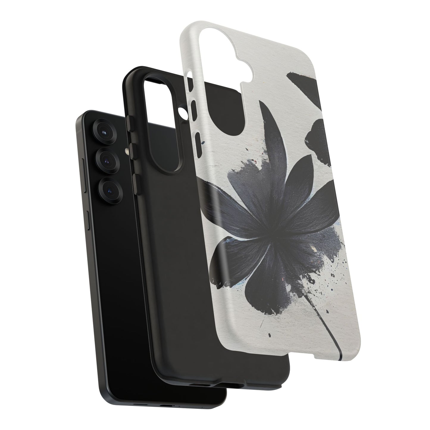 Monochrome Floral Tough Phone Case — Black Ink Flower Protective Cover