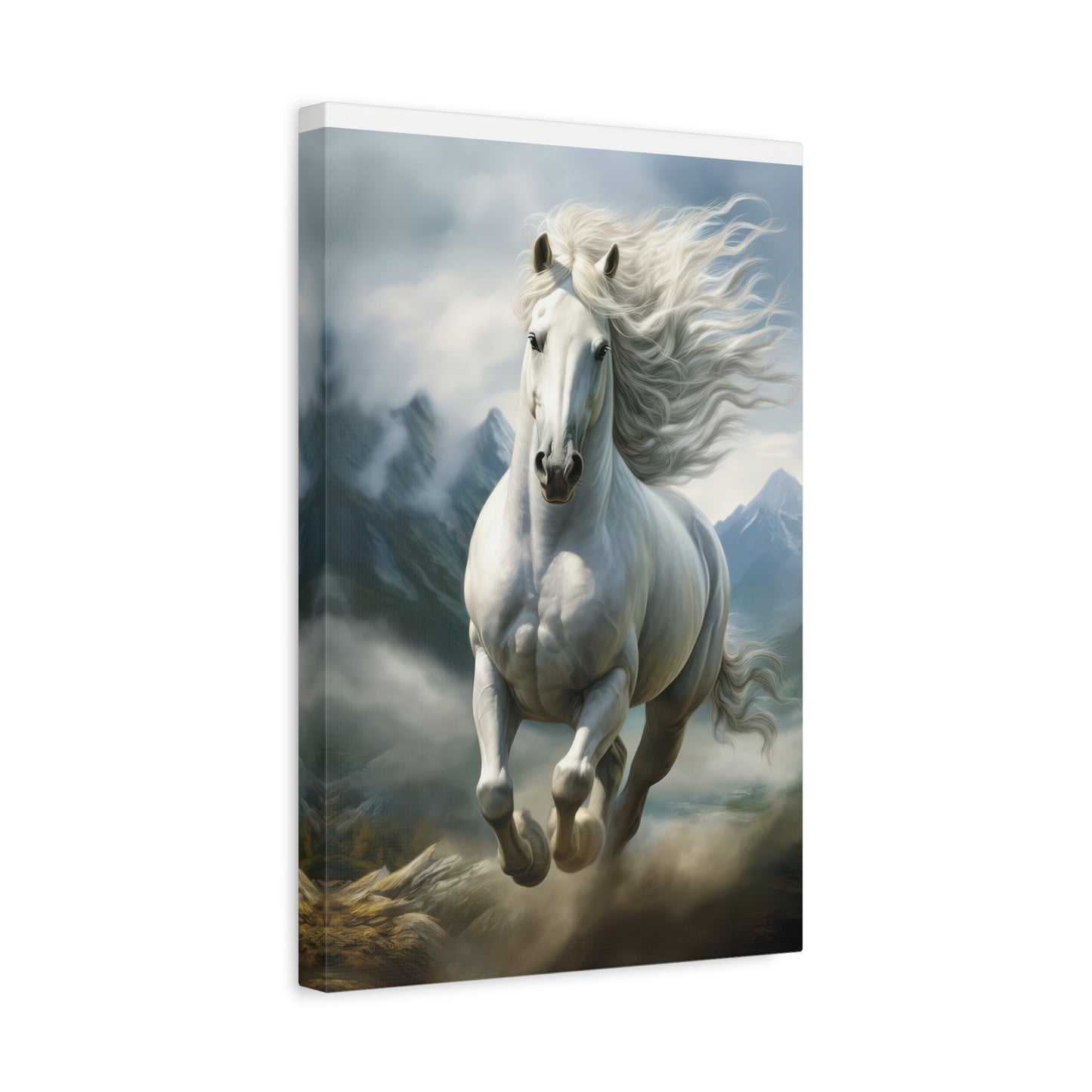 White Stallion Canvas Print – Majestic Galloping Horse Wall Art