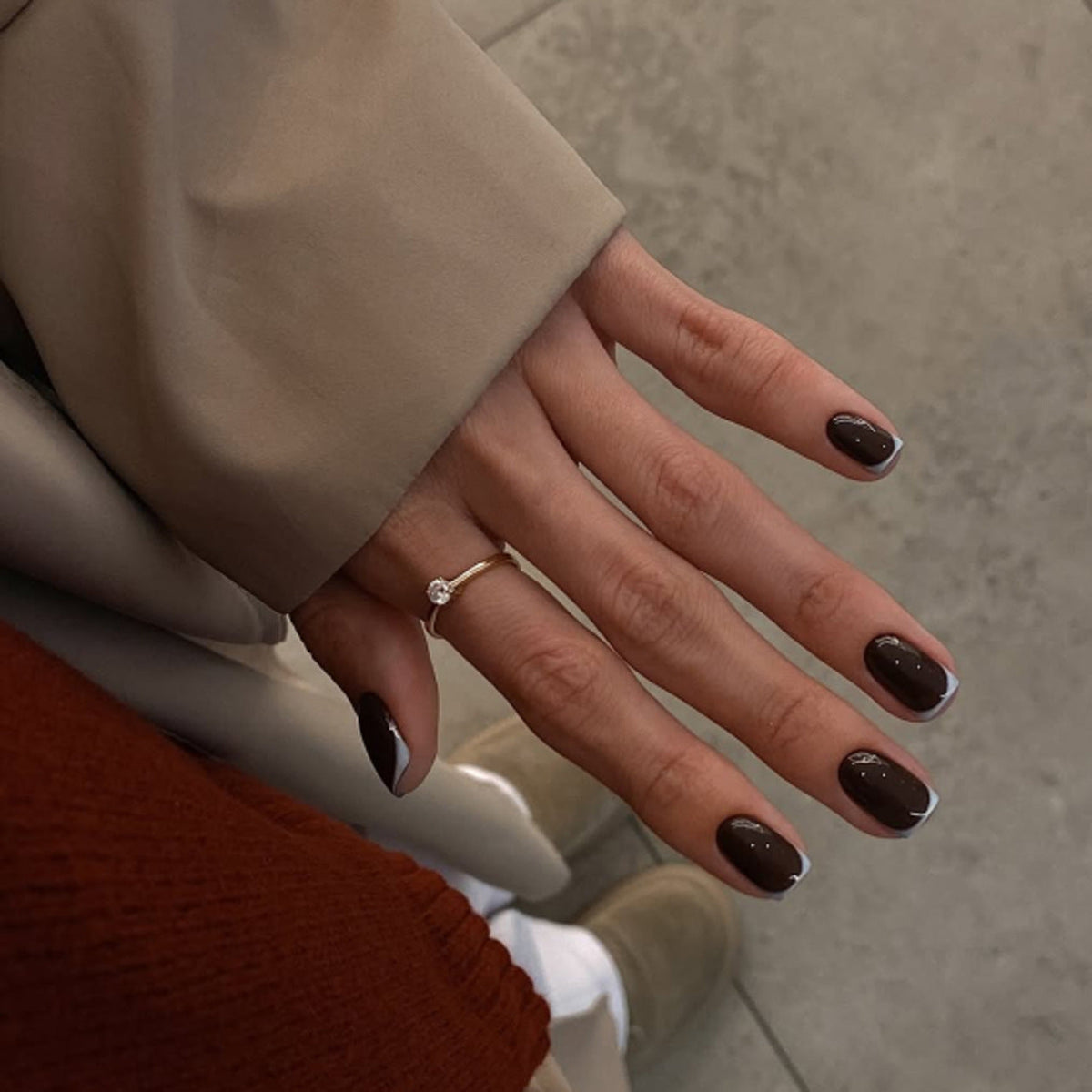 Brown Glossy Nails with Soft Blue French Tips
