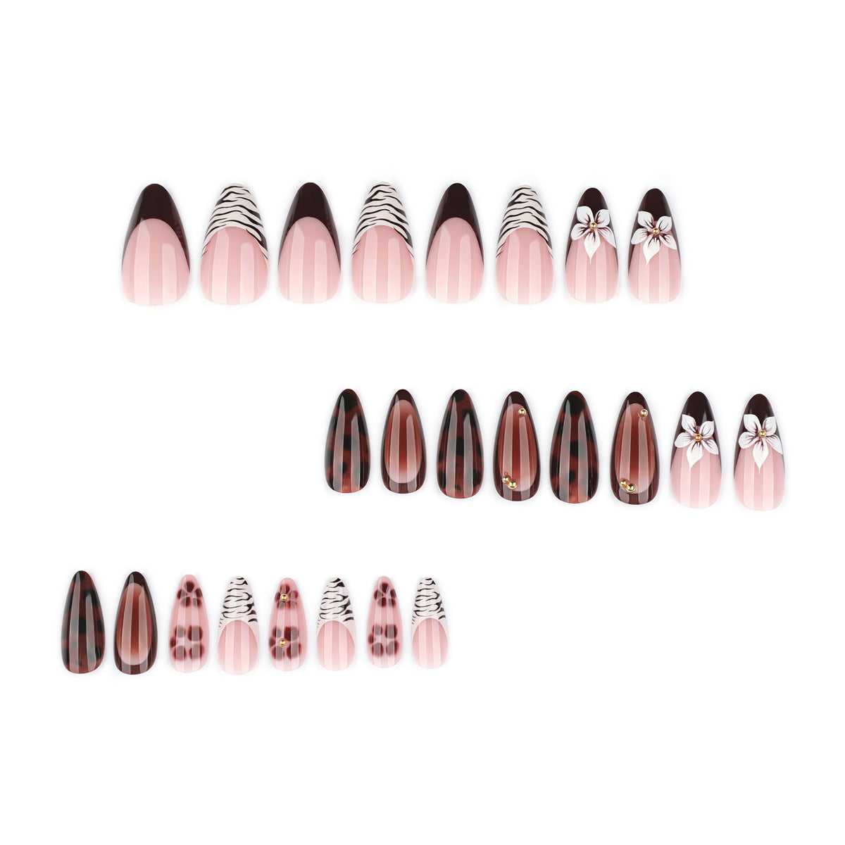 Floral Tortoiseshell and Zebra Accent Glossy Nails – Image 2