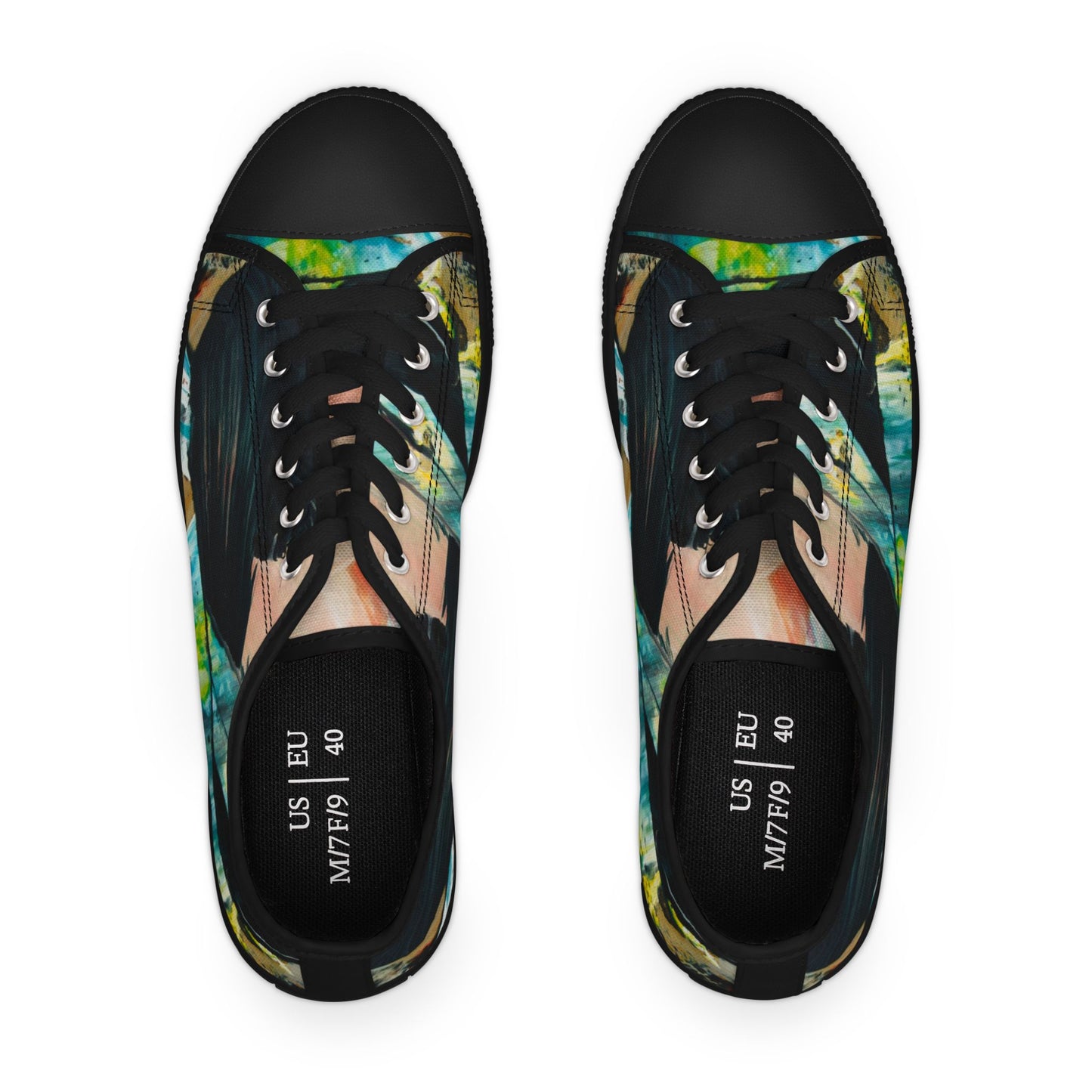 Low Top Sneakers — Abstract Teal & Yellow Brushstroke Canvas Shoes