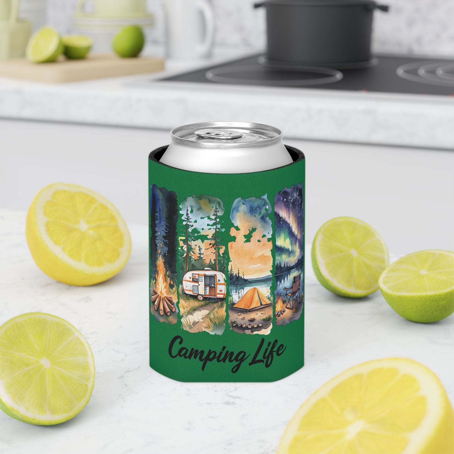 Camping Life Can Cooler – Insulated Beer Cooler with Campsite Watercolor Design