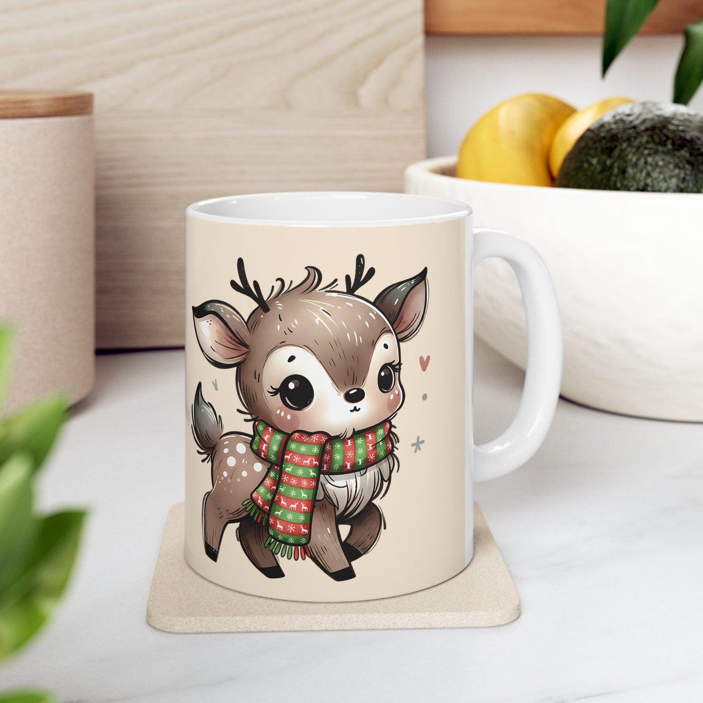 Cute Reindeer Mug — Christmas Deer Ceramic Coffee Cup (11oz & 15oz)