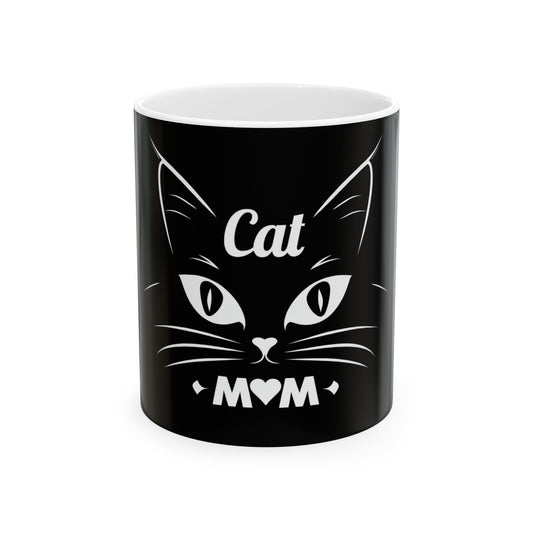 Cat Mom Ceramic Mug — Black Cat Face 11oz & 15oz Coffee Cup