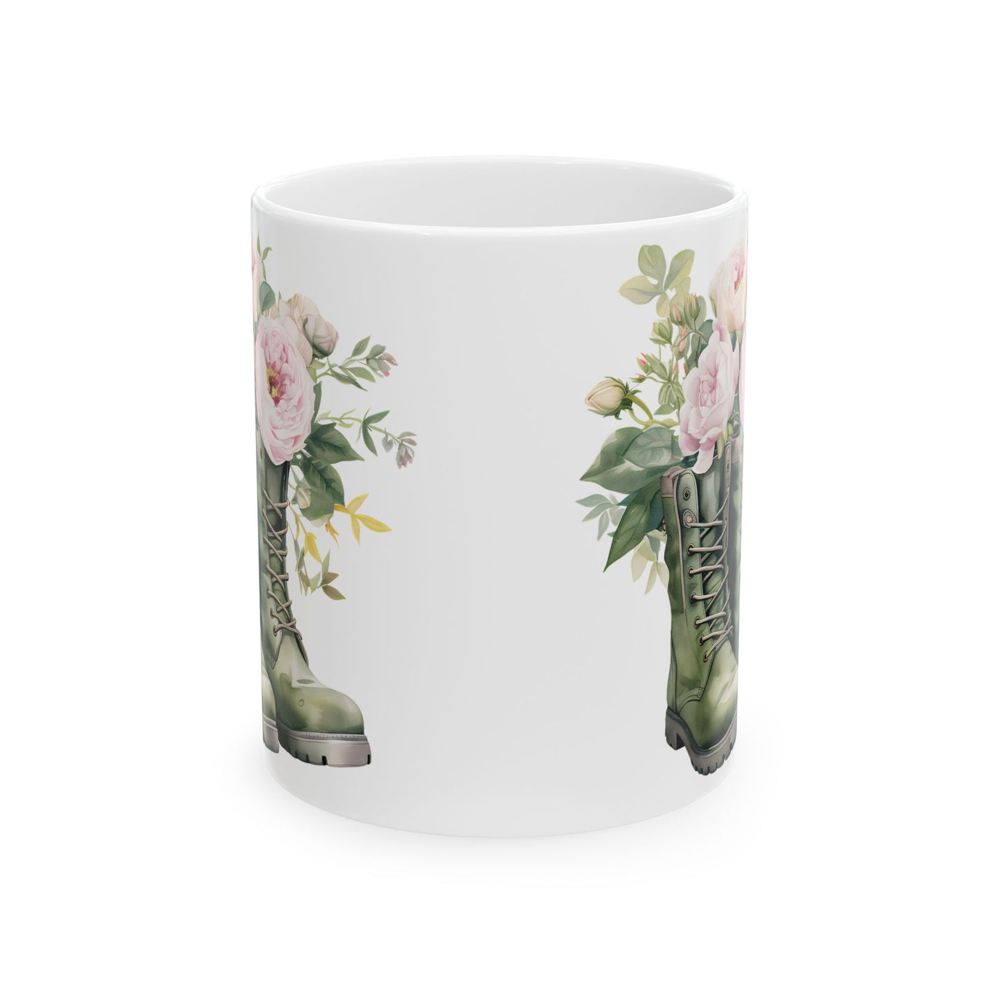 Floral Combat Boot Mug — Military Green Boot with Pink Roses Ceramic Coffee Cup (11oz & 15oz)
