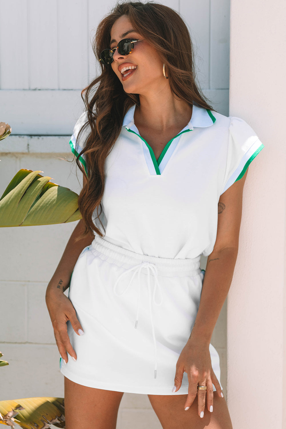 White Colorblock Edge Cap Sleeve Collared Top 2 Piece Skirt Set