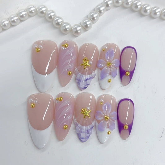 Elegant Pastel: "Lavender Bloom French" – Medium Almond Nude & Purple Gradient Handmade Press-On