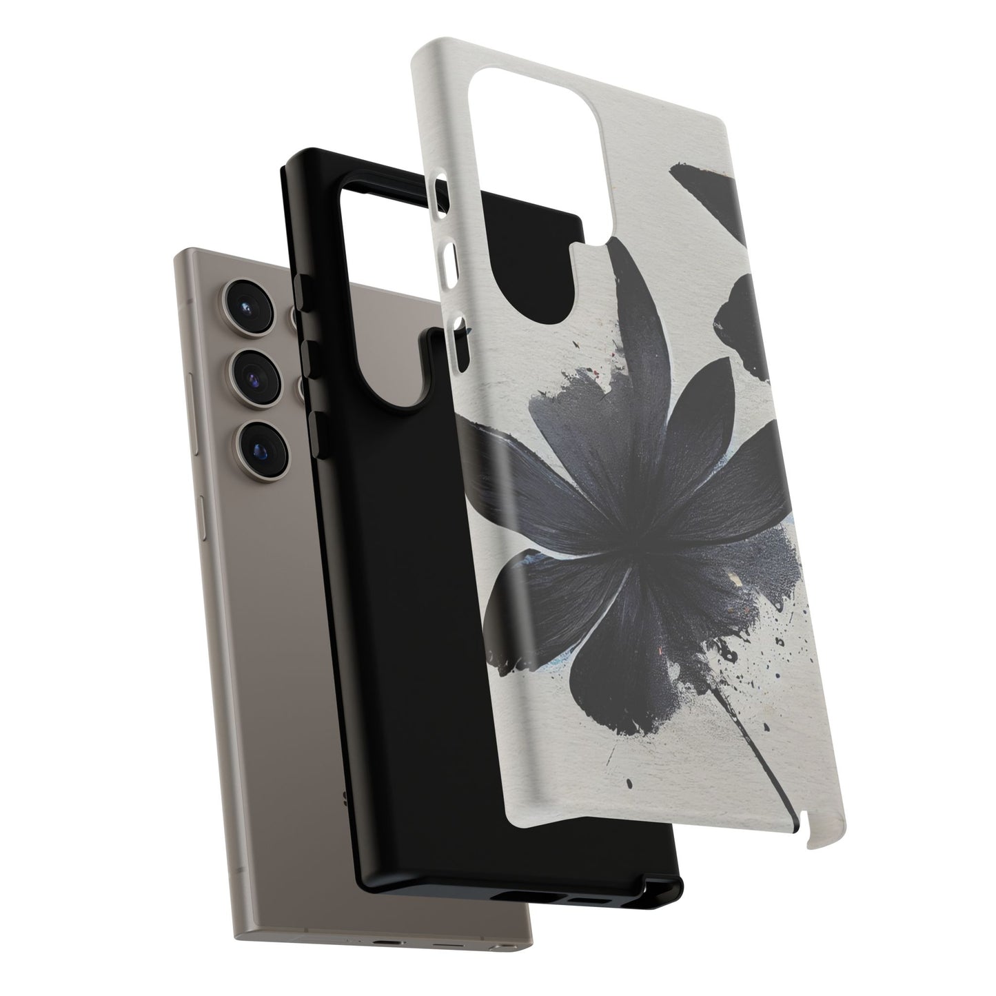 Monochrome Floral Tough Phone Case — Black Ink Flower Protective Cover