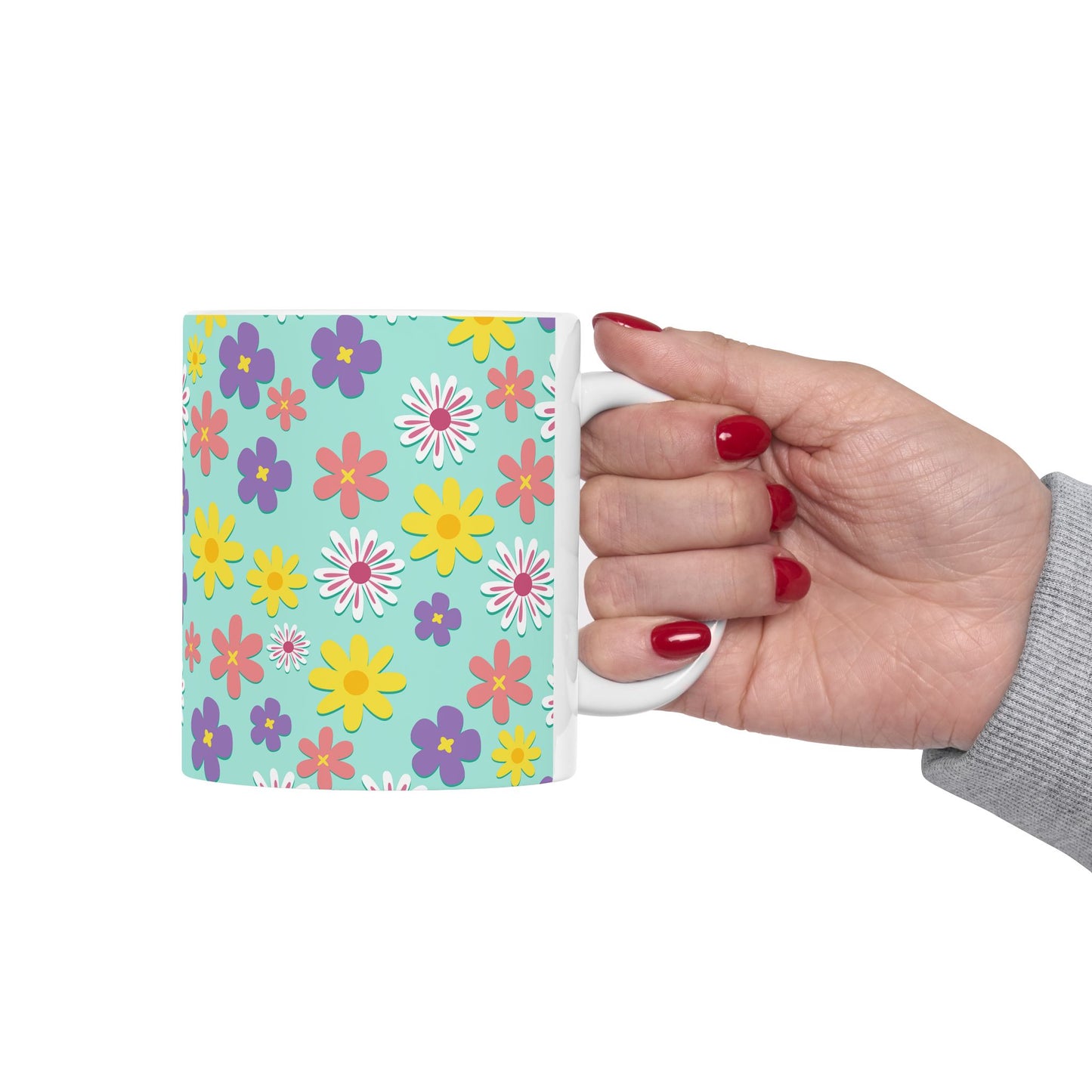 Turquoise Floral Pattern Mug — Colorful Daisy Coffee Cup (11oz & 15oz)