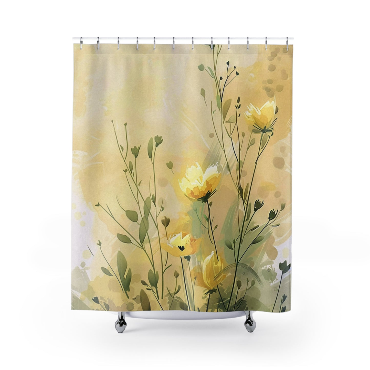 Floral Meadow Shower Curtain — Soft Yellow Wildflower Bathroom Curtain
