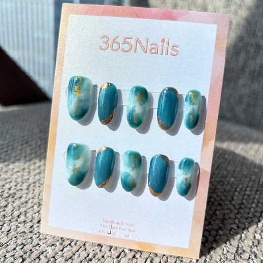 Ethereal Ink: "Teal Mist" – Deep Cyan & White Cloud Marble with Blue Cat Eye & Gold Tip Oval Nails