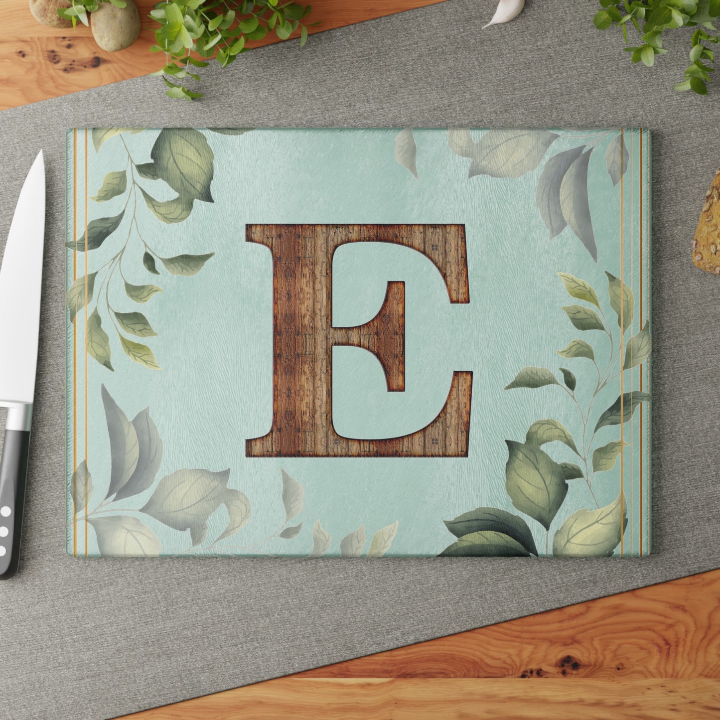 Glass Cutting Board — Monogram 'E' Floral Leaf Kitchen Decor