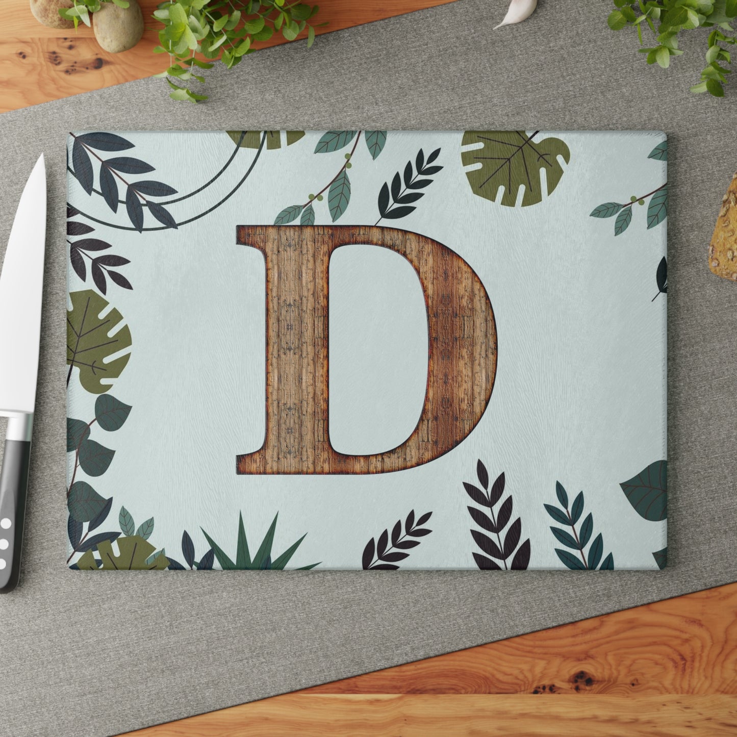 Monogram D Wood Letter Glass Cutting Board – Botanical Initial Kitchen Decor