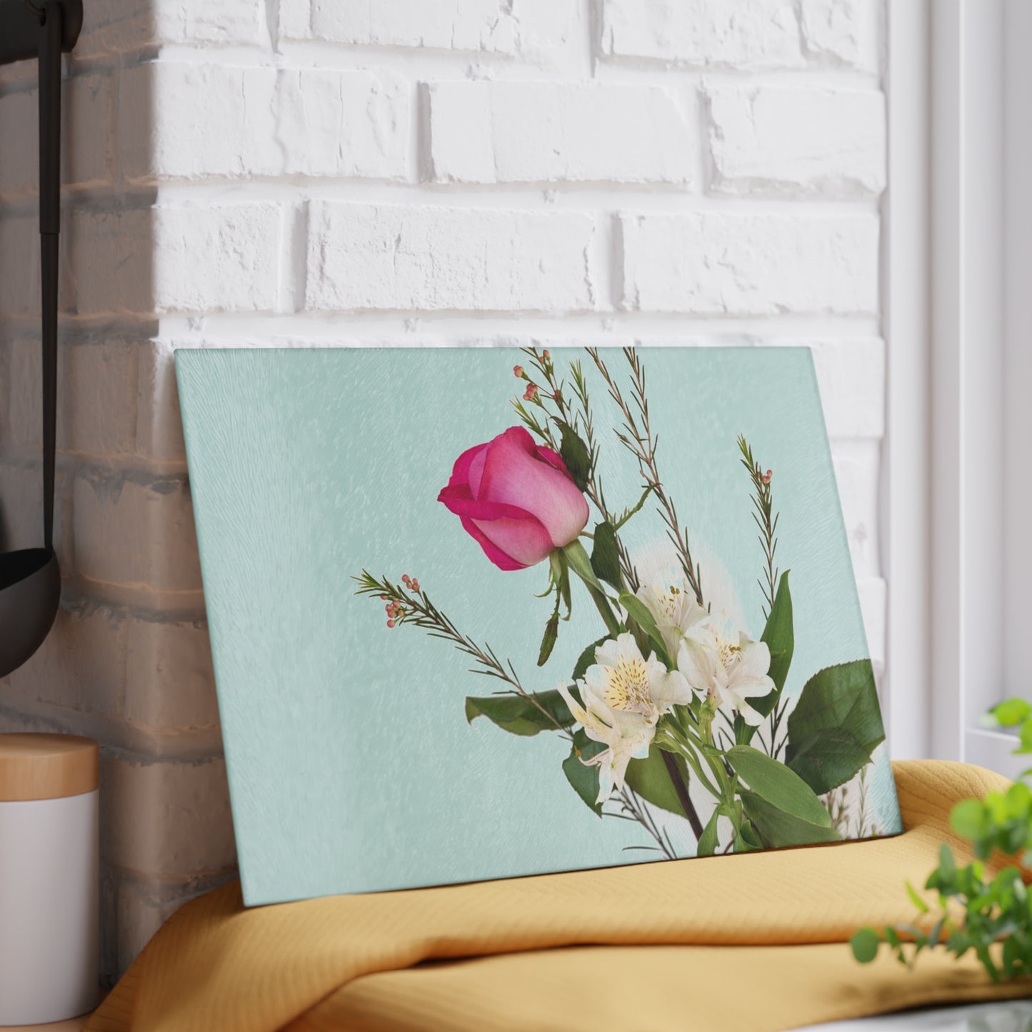 Floral Glass Cutting Board — Pink Rose on Mint Kitchen Prep Surface