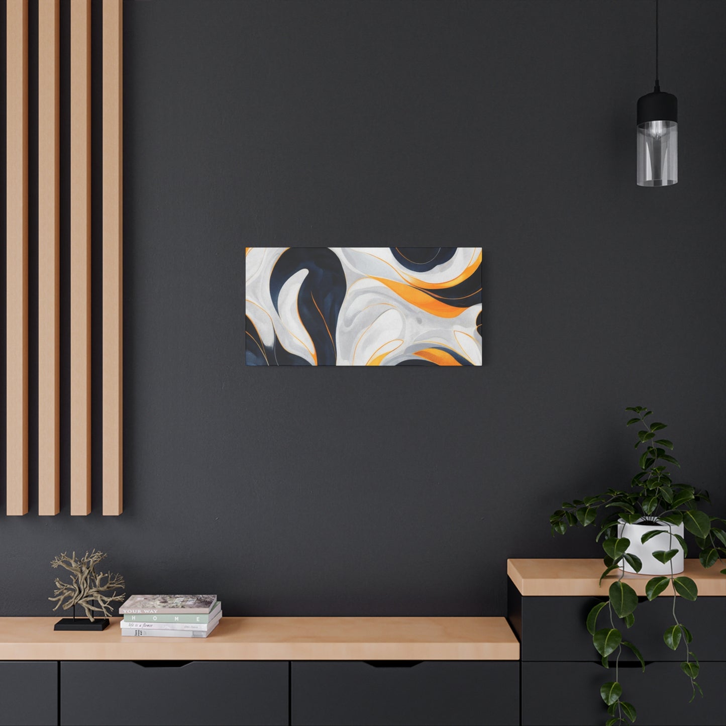 Abstract Fluid Art Matte Canvas Print — Navy, Gold & White Stretched Wall Art