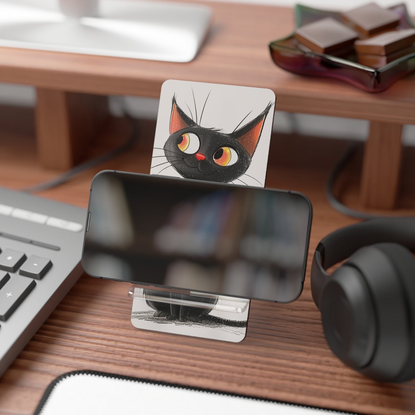 Cat Art Phone Stand — Cute Black Cat Smartphone Display Stand