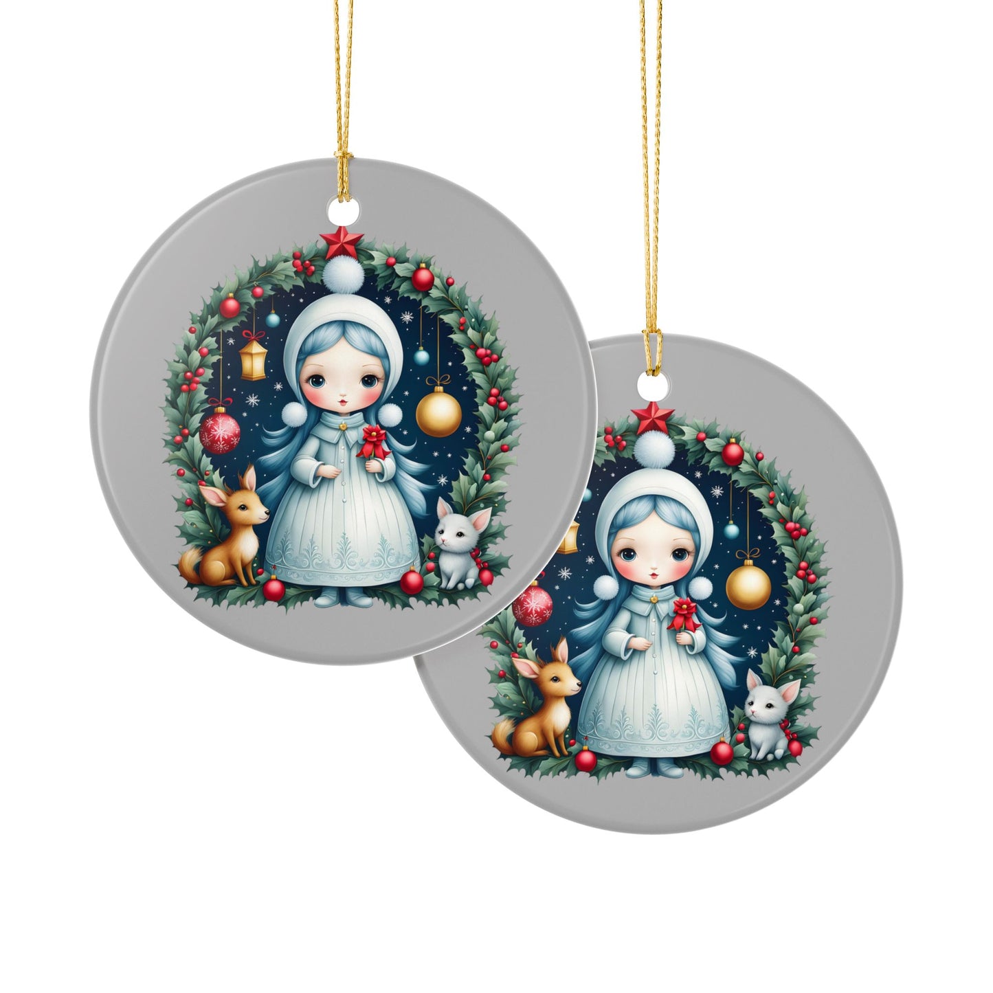 Snow Maiden Ceramic Christmas Ornament — Cute Winter Girl Wreath Design (2-Sided)