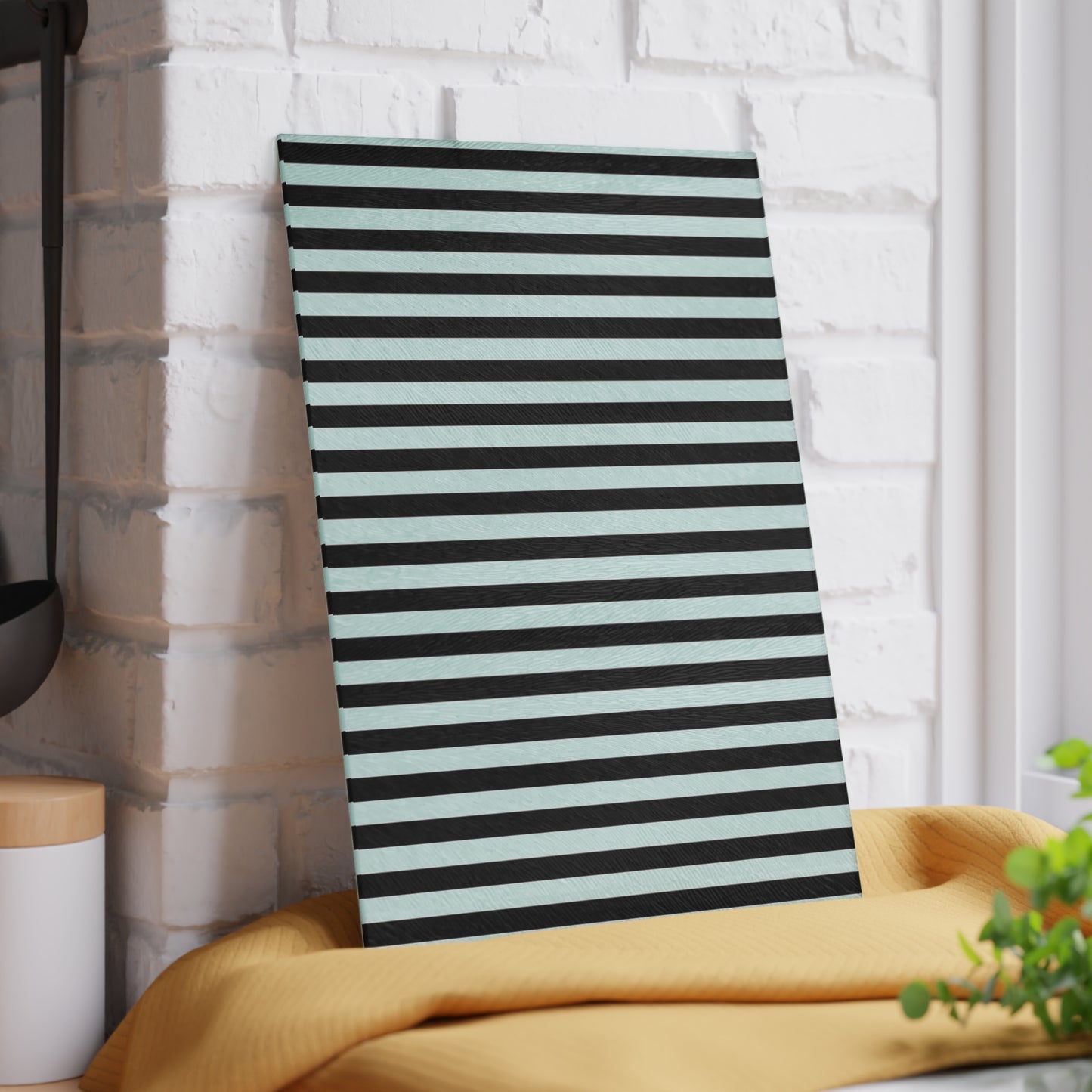 Striped Glass Cutting Board – Black & Mint Vertical Stripe Kitchen Board