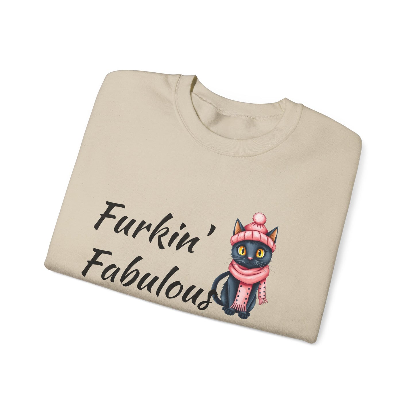 Crewneck Sweatshirt — "Furkin' Fabulous" Cute Black Cat in Pink Hat & Scarf