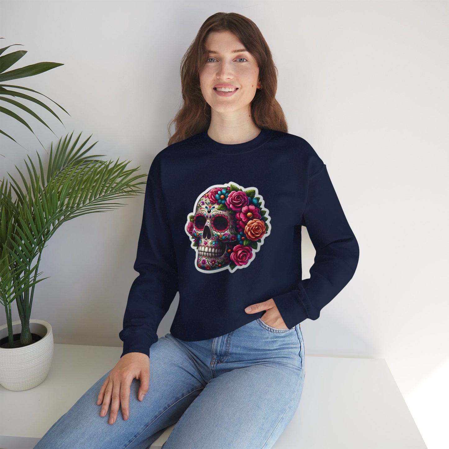 Sugar Skull Crewneck Sweatshirt — Floral Day of the Dead Graphic