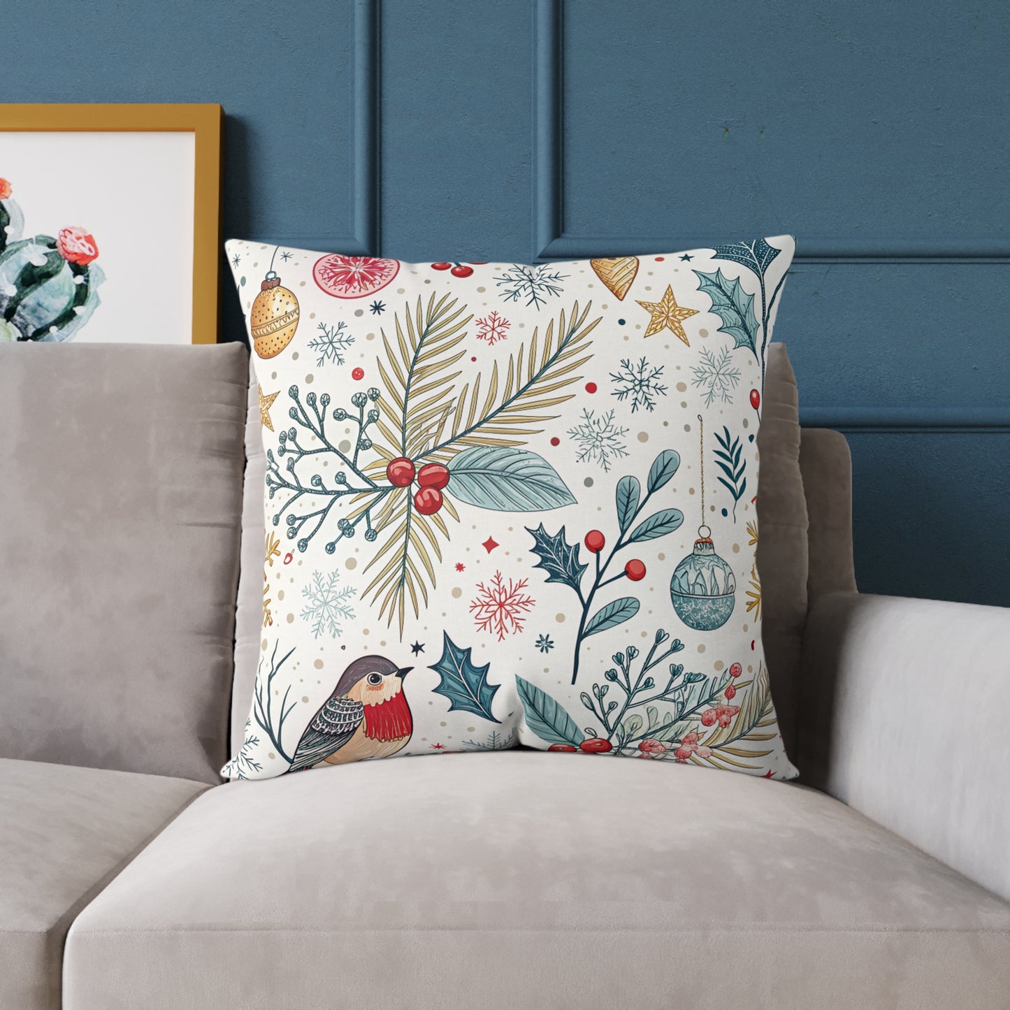 Festive Robin Holiday Pillow — Christmas Botanical Decorative Throw Pillow