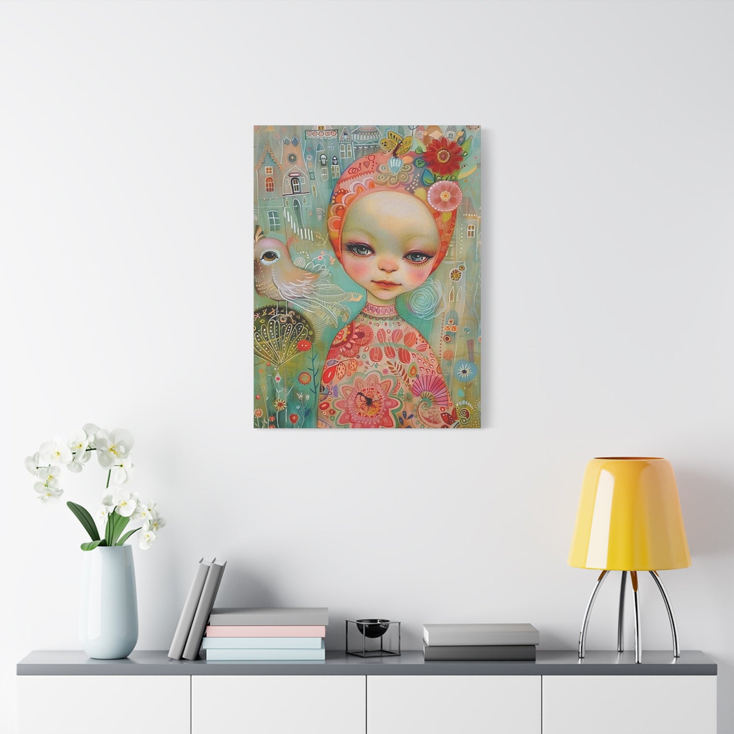 Whimsical Girl & Bird Matte Canvas Wall Art — Stretched Decorative Painting