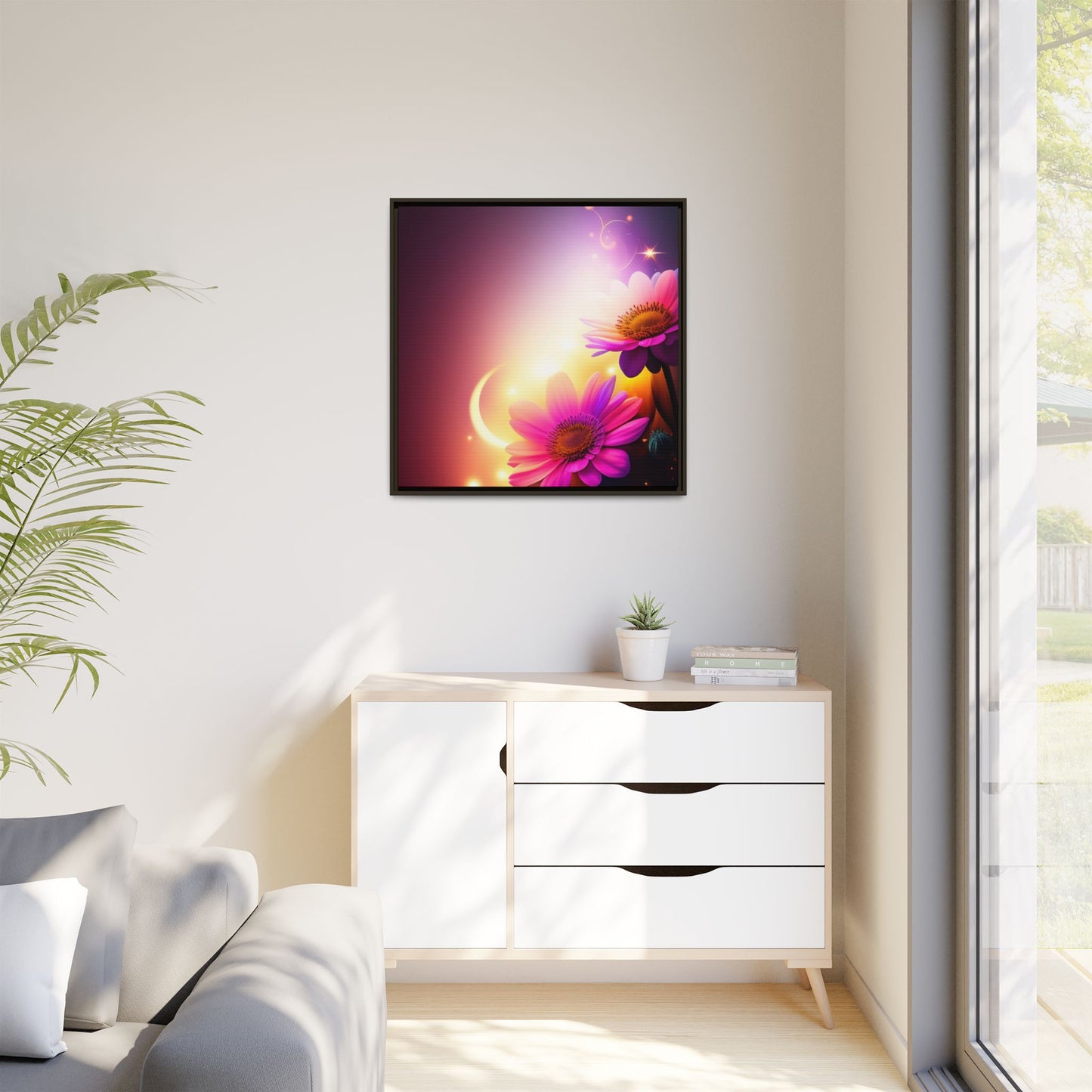 Framed Floral Canvas Art — Pink Daisies Sunset Wall Print