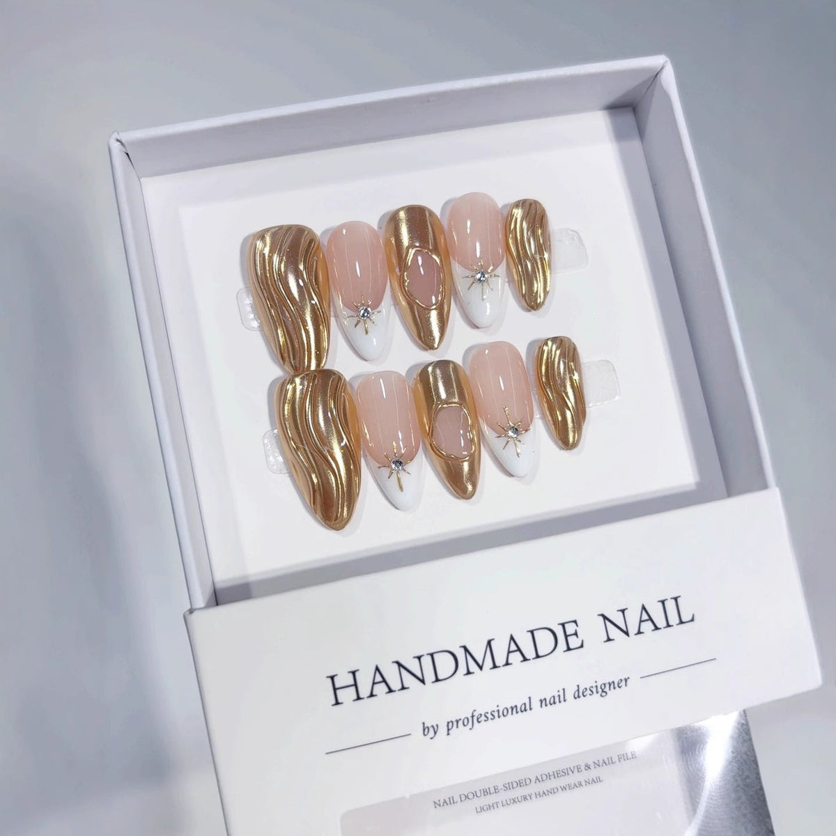 Liquid Gold: "Gilded Wave" – Almond Shape Handmade Press-On Nails – Image 2