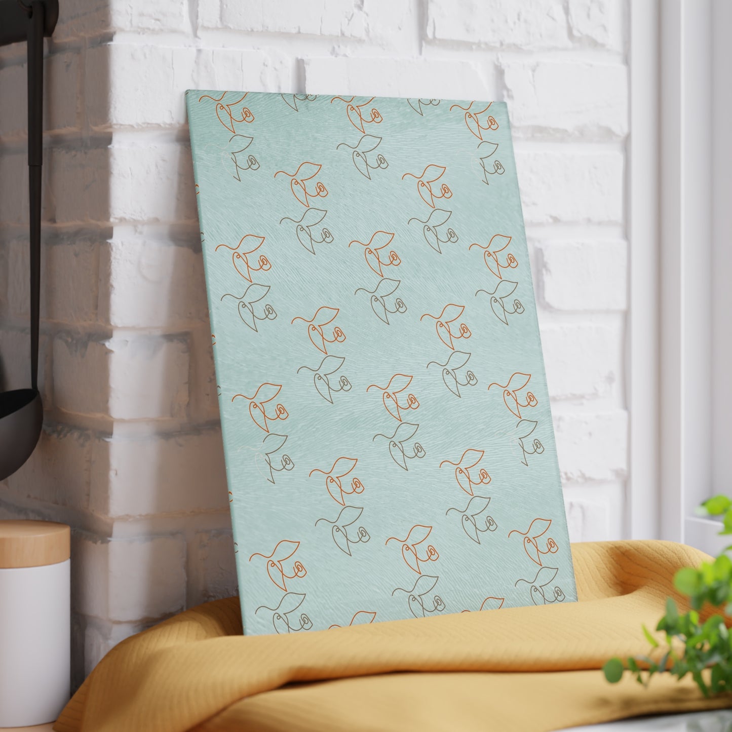 Floral Line Art Glass Cutting Board — Minimal Rose Pattern on Mint or White
