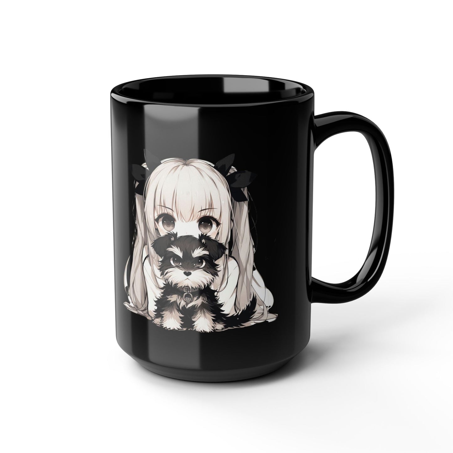Cute Anime Girl with Raccoon 15oz Black Mug