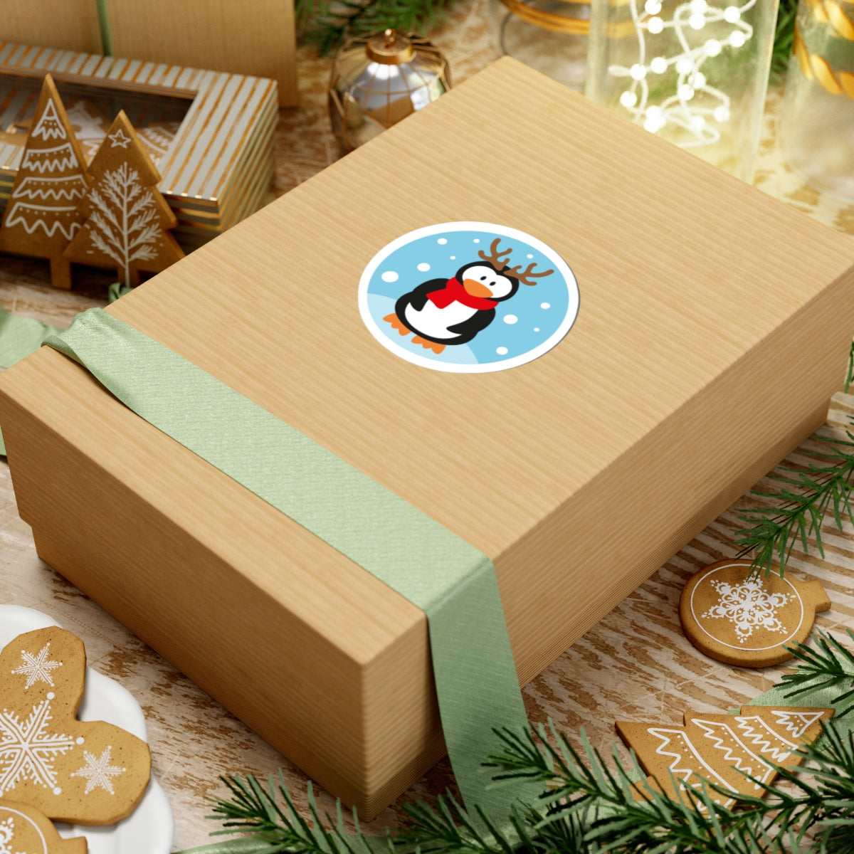 Penguin with Antlers Kiss-Cut Sticker — Cute Holiday Penguin Sticker (Red Scarf, Snowflakes)