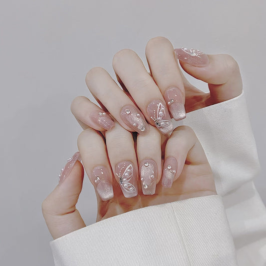 365nails: "Enchanted Butterfly" – Hand-painted 3D Cat Eye Handmade Almond Nails – Image 2