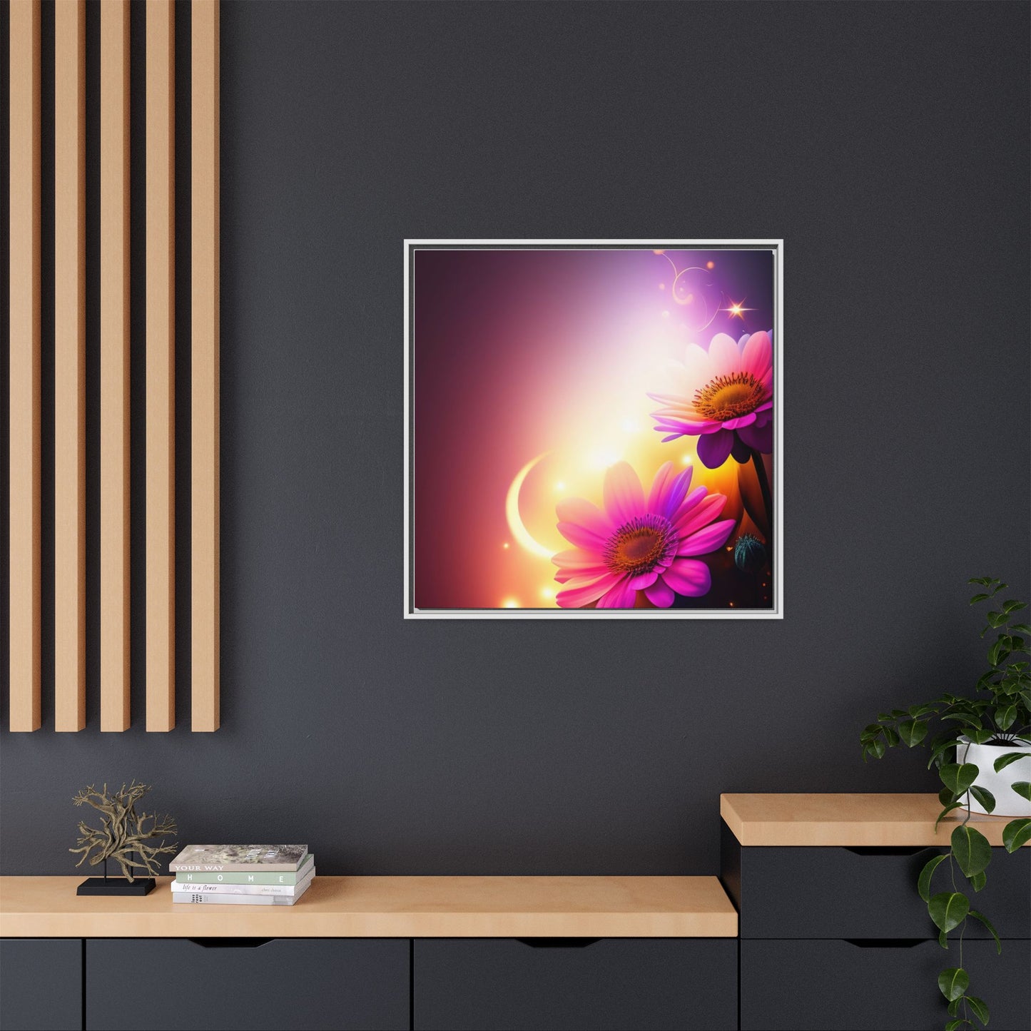 Framed Floral Canvas Art — Pink Daisies Sunset Wall Print