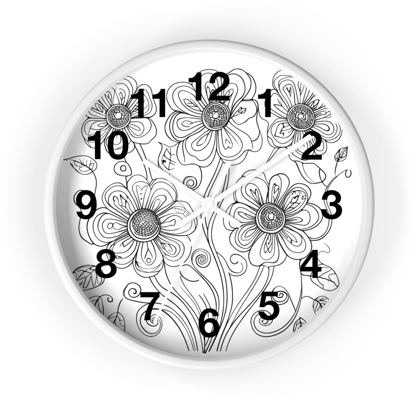 Floral Doodle Wall Clock — Black & White Hand-Drawn Flower Timepiece